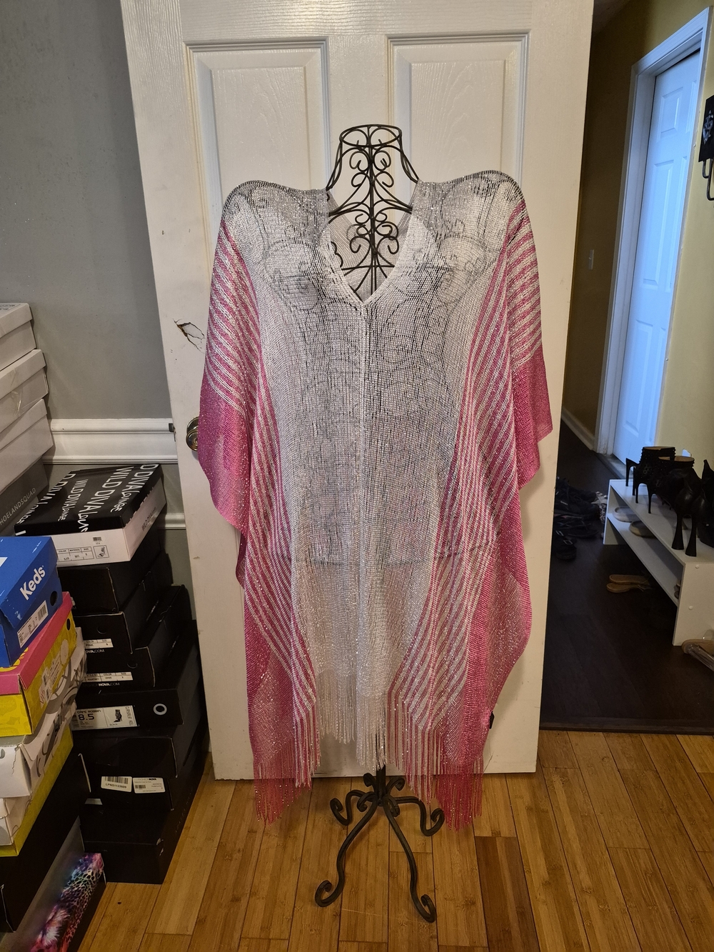 Sheer Pink and White Fringe Kimono Cover-Up